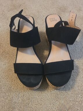 Time and Tru Black Suede Cork Wedge Sandals with Ankle Strap